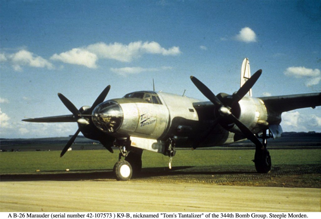 A B-26 Marauder (serial number 42-107573 ) K9-B, nicknamed "Tom's Tantalizer" of the 344th Bomb Group. Steeple Morden.