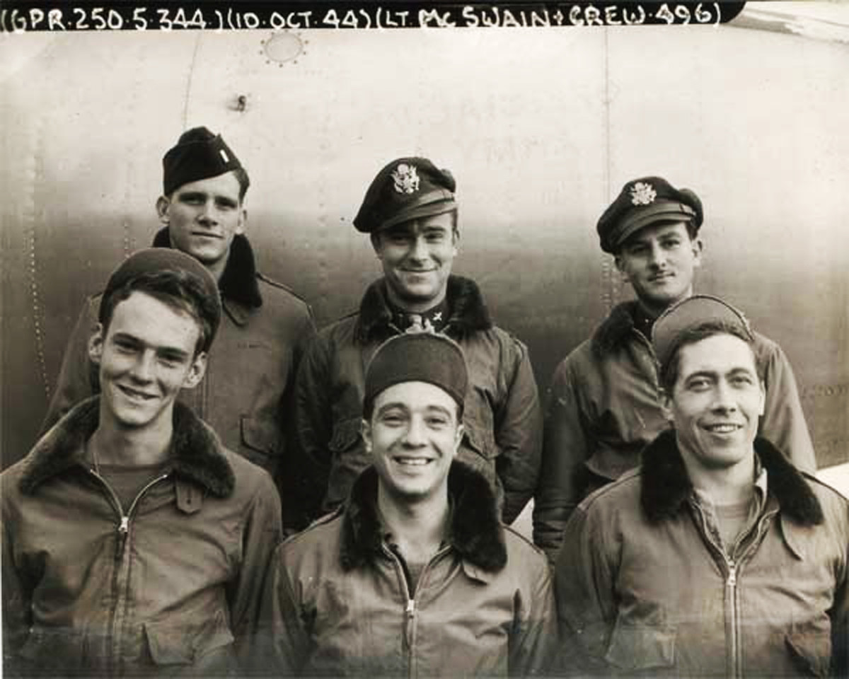 Back: Emlen Martin, Co-Pilot; Bennie McSwain, Pilot; and Wilmouth Keller, Navigator/Bombardier. Front: James Gehlert, AG; Achilles Principe, RG; and Raymond Novis, EG