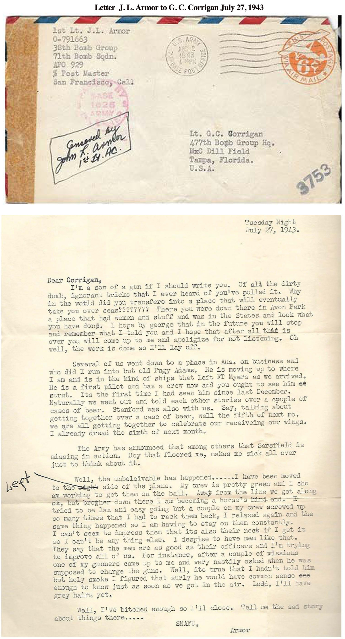 Letter Armor to Corrigan July 27, 1943